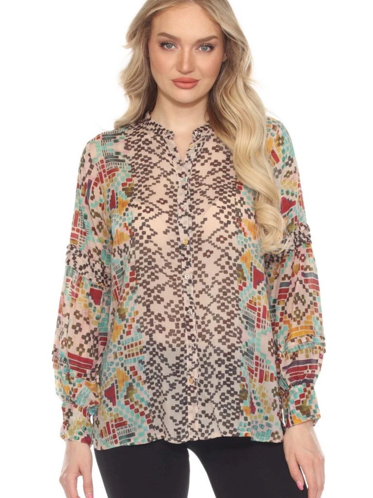 Johnny Was Multicolor Geometric Print Malina Button Top